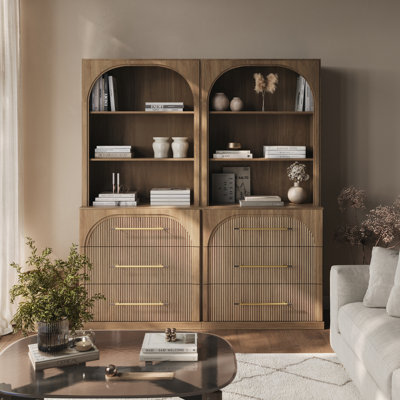 Ensemble de 2 grandes bibliothèques modernes 72 "en bois avec 3 tiroirs, brun clair