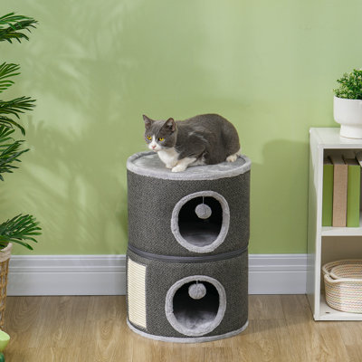 3-Storey Cat Condo Barrel Tree with 2 Hideaways; Scratching Board