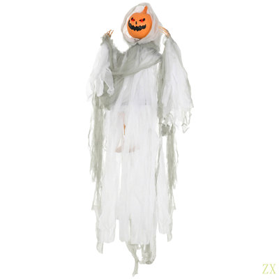 Outdoor Halloween Hanging Pumpkin Ghost W/ Light Up Eyes, Sound Activated Prop W/ Creepy Howling Sounds