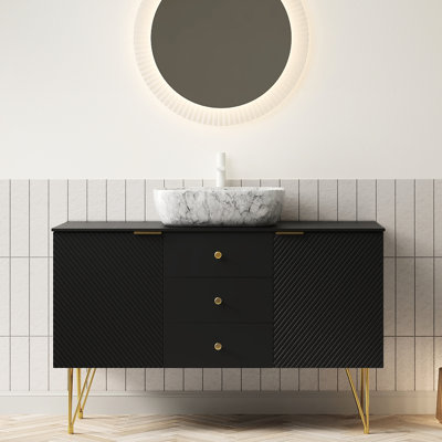 Meuble-lavabo autoportant de 48 po avec lavabo, pieds noirs ornés d'une armoire noire et 3 tiroirs, 2 espaces de porte, comptoir en pierre frittée en céramique blanche à motif de marbre, peu d'entretien