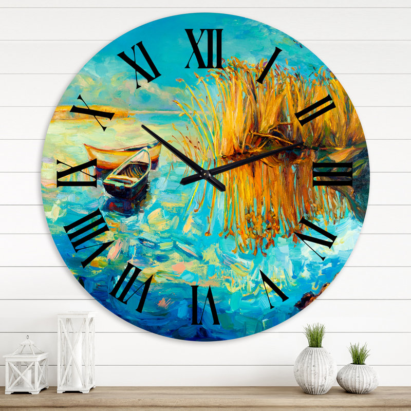 Horloge murale nautique et côtière, lac turquoise avec arbres orange au coucher du soleil, Moyenne