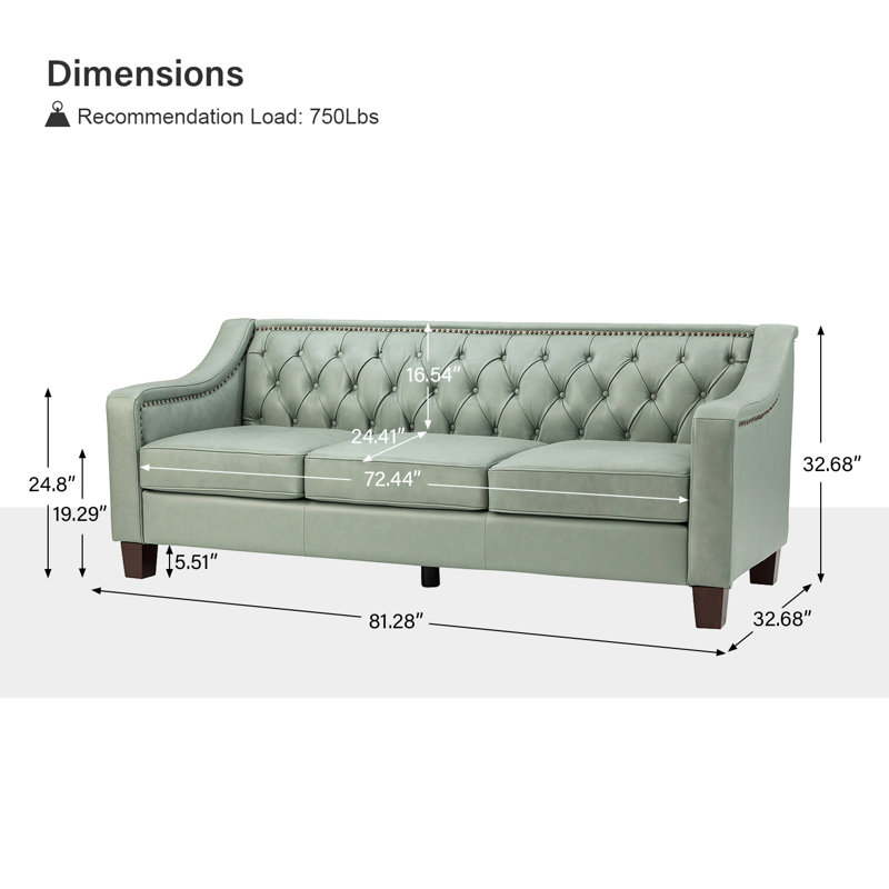Bethea 81.28" Genuine Leather 3-Seat Sofa with Tufted Back, Sage Genuine Leather