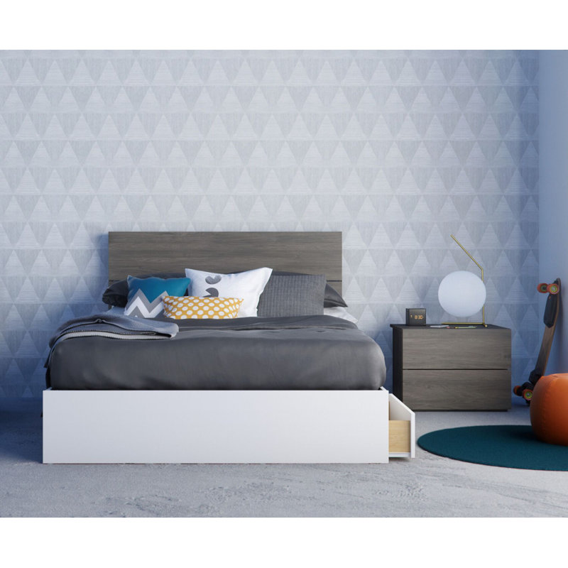 Ensemble de chambre à coucher Oguz, Double, 2 pièces (lit et table de chevet), Lit blanc