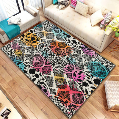 Tapis rectangulaire en polyester tissé à plat en damas blanc / rose / noir Steve