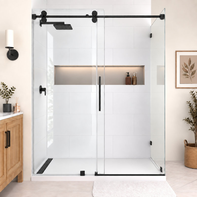 Cabine de douche d'angle coulissante RadianceRP sans cadre en verre transparent, 142-152 cm L x 86 cm P x 193 cm H, Noir mat