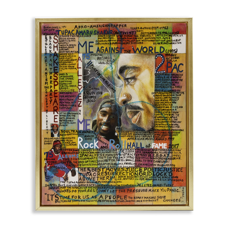 «Tupac Musician Collage» par Sabin, H 31 po x l 25 po, Cadre flottant métallique doré