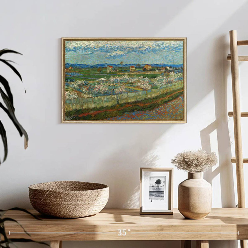 Pêcher en fleur, 19 po x 13 po, Cadre flottant en bois naturel