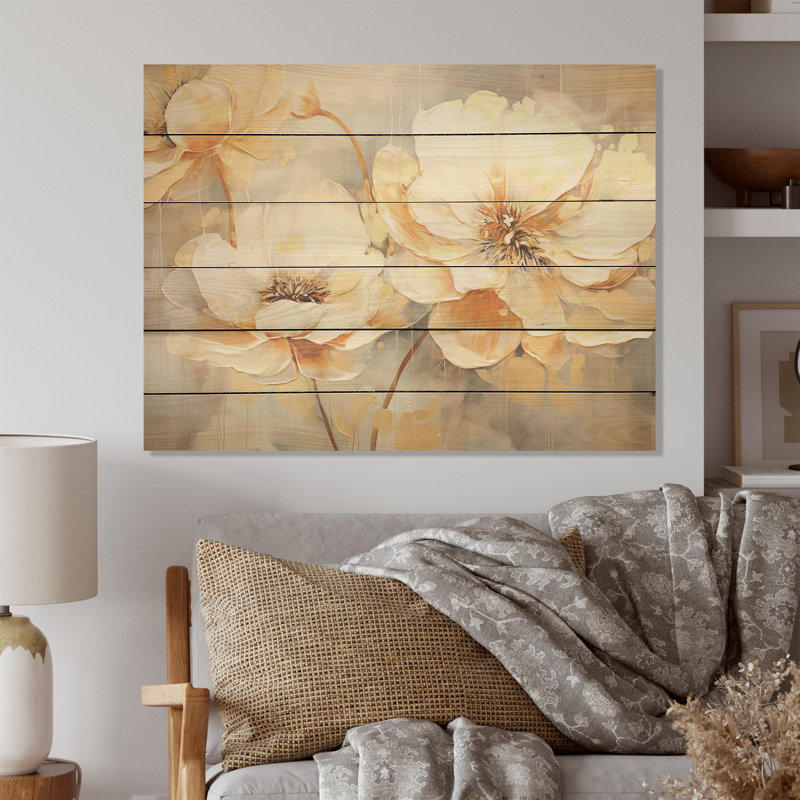 Renoncules vives IV - Art sur bois de pin naturel, H 30 po x l 40 po