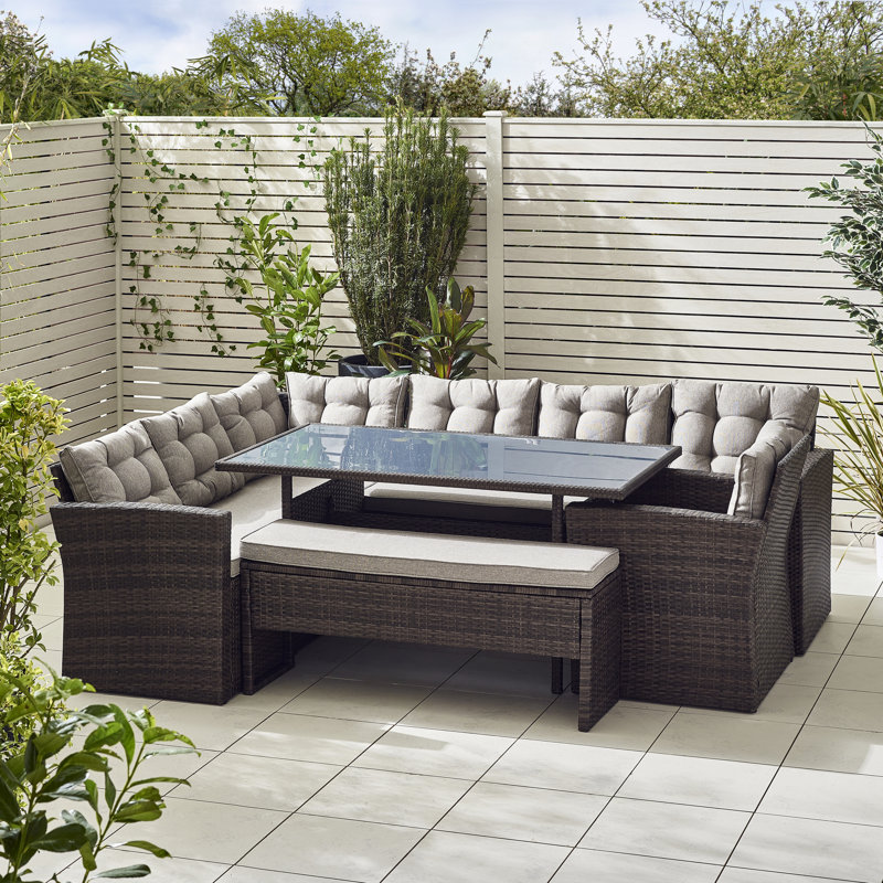 Deklan 9 Seater Garden Dining Set - PE Rattan Corner Sofa Lounge Set Modern Patios (Cover Included), Brown/Light Brown