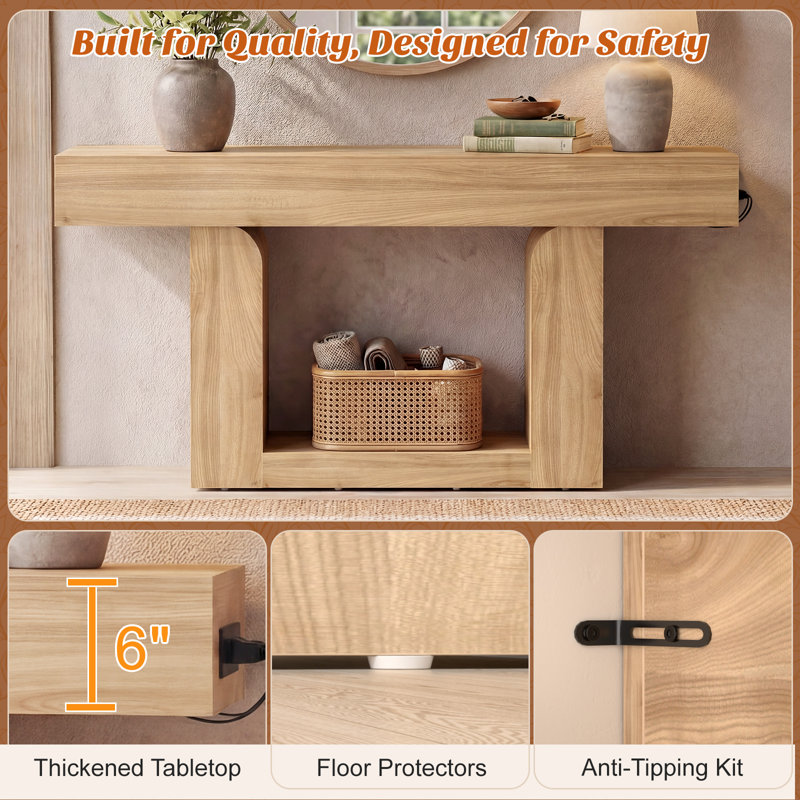 63" W Console Table, Entryway Table With LED Lights And Charging Station, Natural Oak, Natural Oak