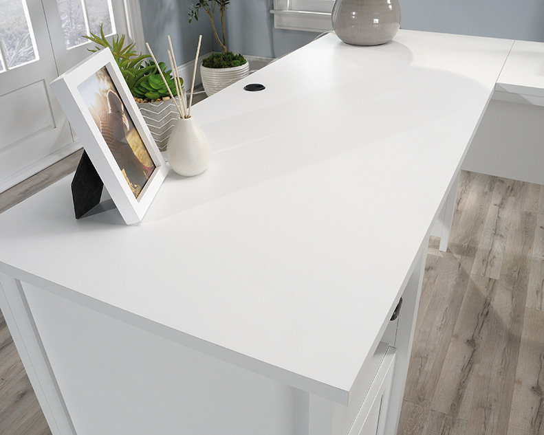 Soft L-Shaped Desk with File Drawer, White
