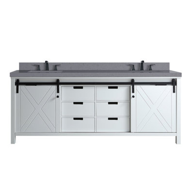 White Double Bath Vanity 80 In. W X 22 In. D, Grey Quartz Countertop And Faucet Set