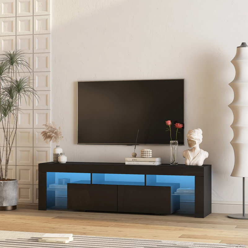High Gloss TV Stand With LED Lights For Tvs Up To 65'', Modern TV Console With Storage Cabinets For Living Room, Black
