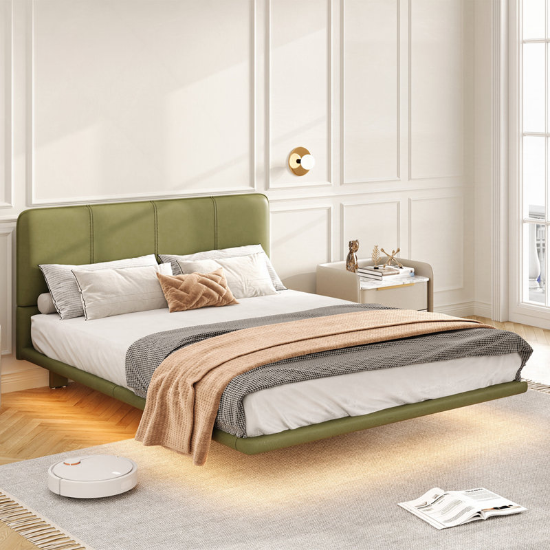 Lit plateforme moderne en cuir synthétique avec lumière DEL, Complète, Vert