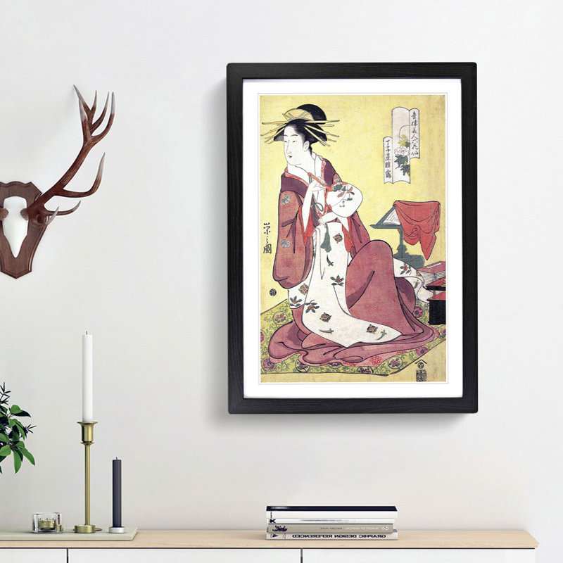 Lady with a Fan by Chobunsai Eishi - Picture Frame Painting Print, Black Framed, 65cm H x 48cm W x 2cm D