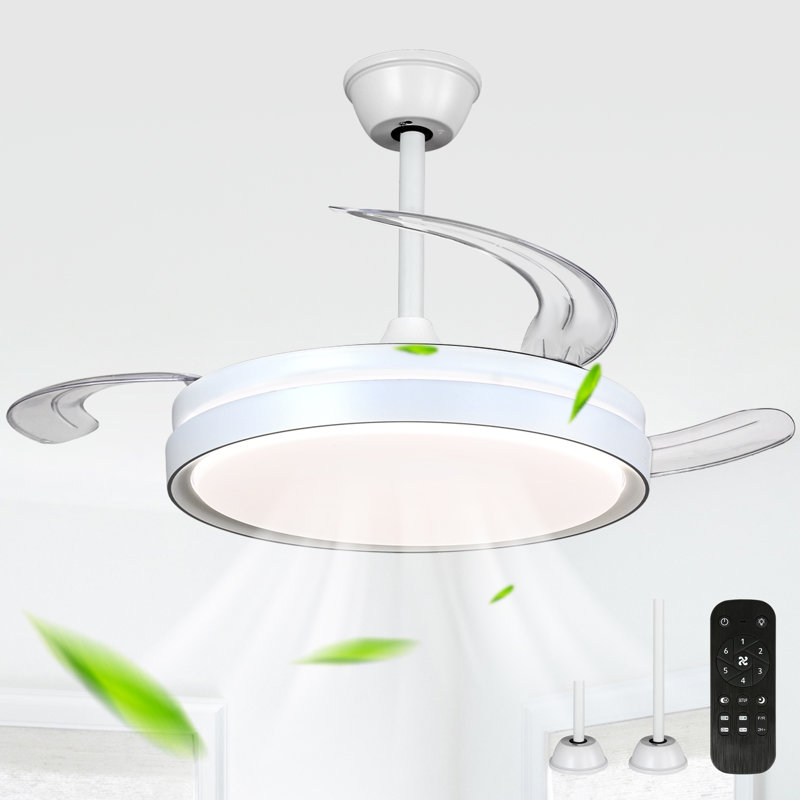 42 Inch Retractable Ceiling Fan With Lights, Modern Silent DC Motor 6 Speeds Chandelier Ceiling Fan For Bedroom, Clear, White