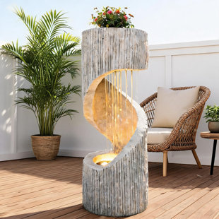 29.9 Inch Textured Spiral Water Fountain with Planter, Modern Resin Outdoor Water Feature with LED Lights for Patio & Yard