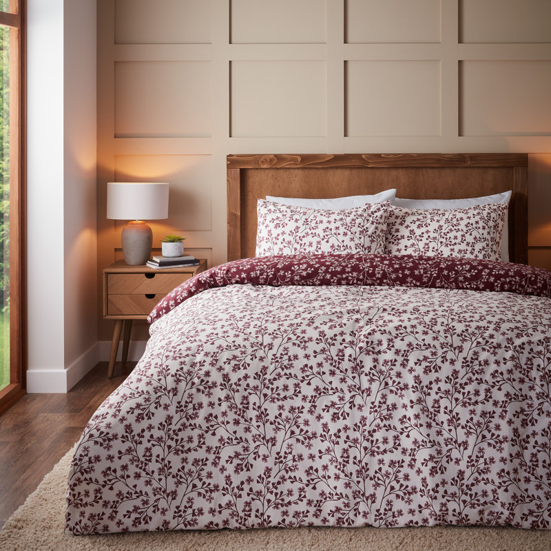 Brushed Grace Floral Leaf Cotton Reversible Duvet Cover Set, Red, Single Duvet Cover + 1 Standard Pillowcase