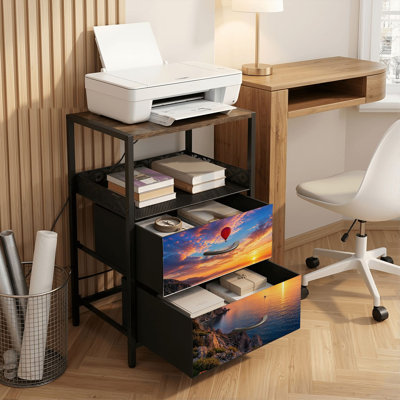 Table de chevet 2 tiroirs avec station de charge, table de chevet pour chambre avec ports USB et amp; Outlets, tablette ouverte noire, table de chevet avec montgolfière, coucher de soleil sur l'océan