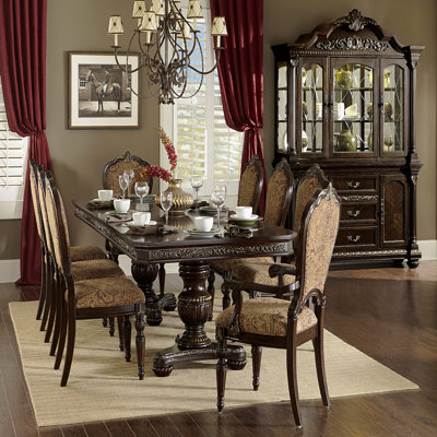 Royal Extendable Dining Table Cherry 2 Extension Leaves Double Pedestal Gold Tipping