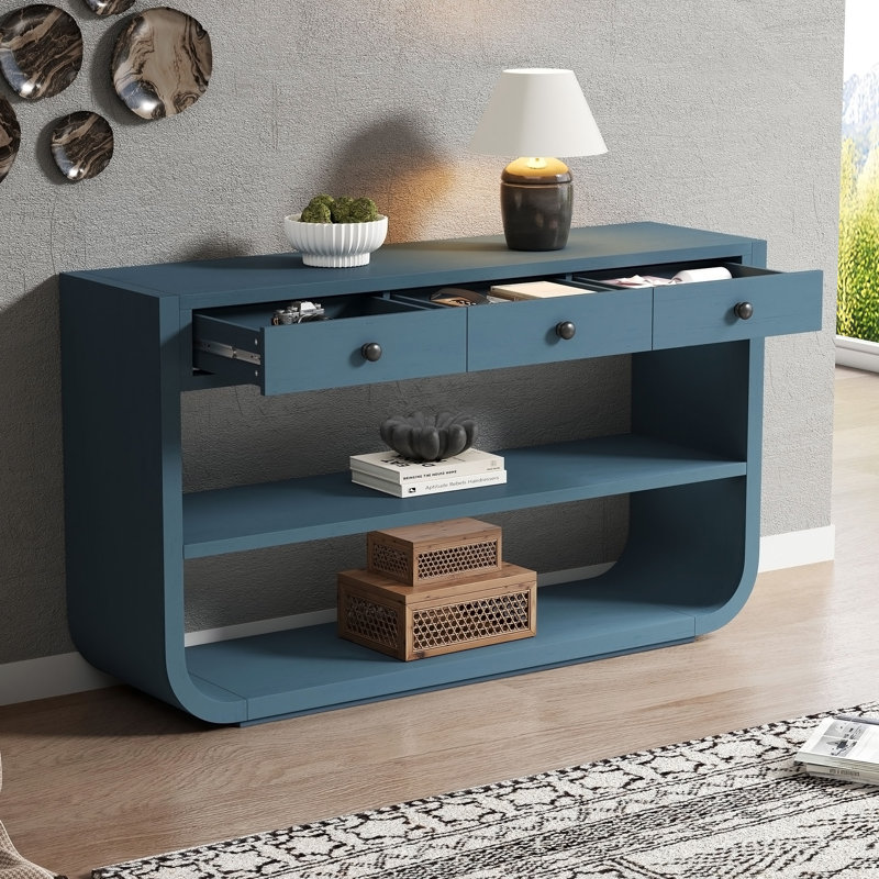 Console moderne avec 3 tiroirs à fermeture en douceur et 2 tablettes ouvertes, Bleu