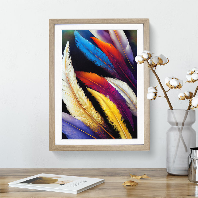 Feathers In Colour No.4 - Single Picture Frame Print, 46cm H x 34cm W x 2cm D, Oak
