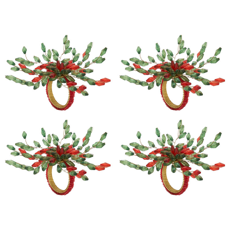 Rond de serviette fleur perlée, Rouge / vert
