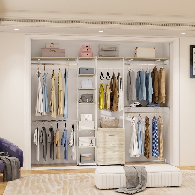 96'' Closet System with 5 Hanging Rods and 3 Wood Drawers, White Oak