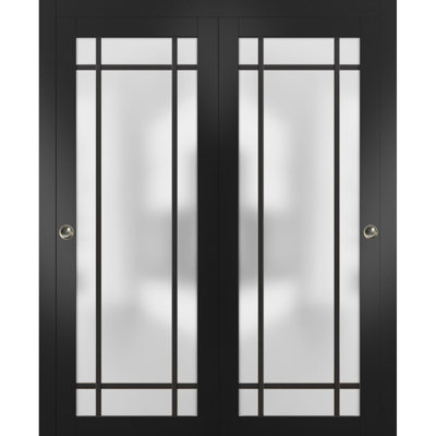 Portes coulissantes de placard avec quincaillerie Planum 2112 Noir mat avec verre dépoli Rails robustes Moulures Garnitures Ensemble de quincaillerie Portes de placard de chambre modernes en bois massif - 48" x 80" (2* 24x80)