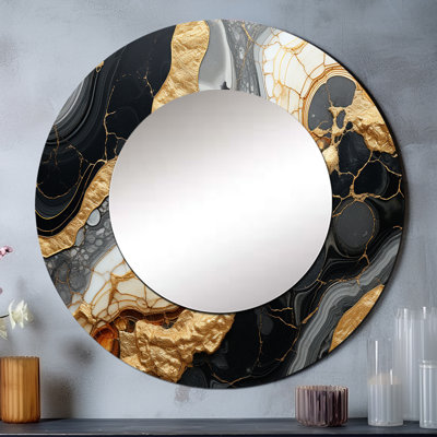 Minimalisme chrome or et noir Poteries IV - miroir spirales abstraites, miroir mural décoratif rond moderne, impression d'art en métal
