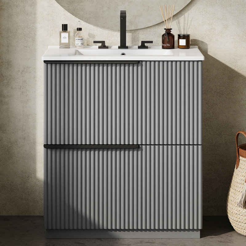 Lavabo en céramique de haute qualité avec rangement intégré et conception cannelée, Gris