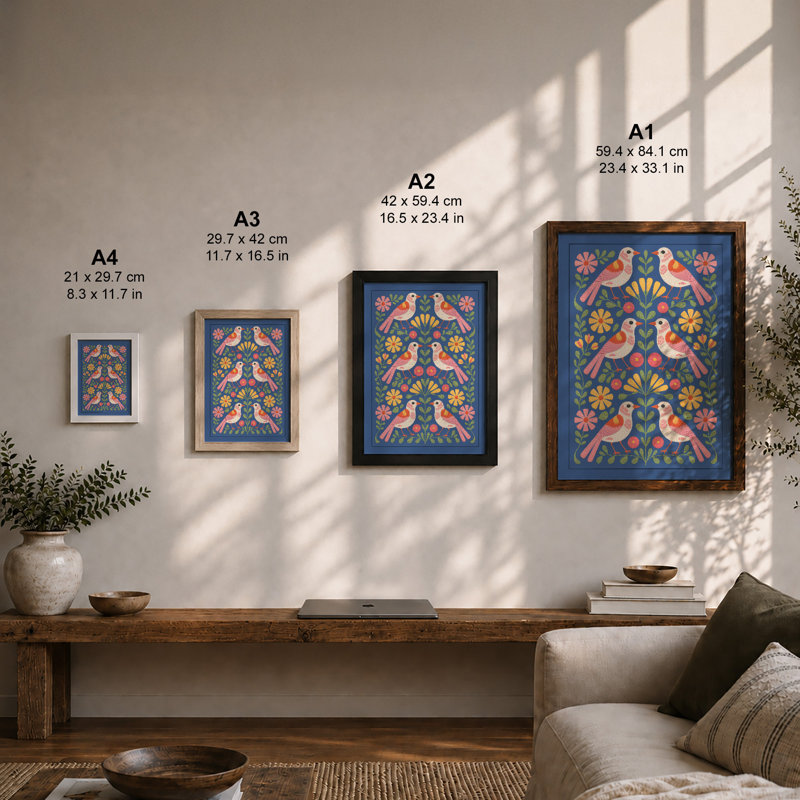 Symmetrical Garden Birds Boho - Framed Print, Unframed, A1 - 84.1 x 59.4 cm