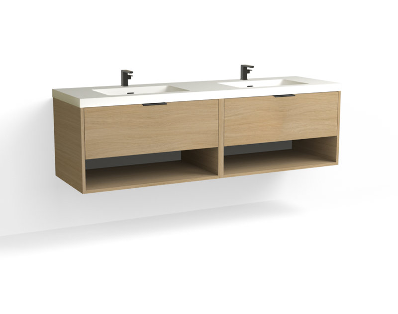 Modo 72" W Wall Mounted Double Bathroom Vanity, Matte White/Single, Biondo, Satin Brass