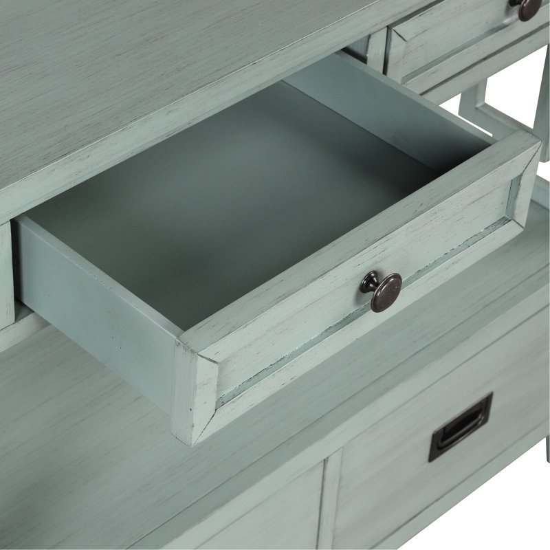 Console Style en bleu rétro. 4 tiroirs et 1 tablette de rangement. Surface de vie en bois de pin massif avec tablette 36 po, chambre bleue, couloir