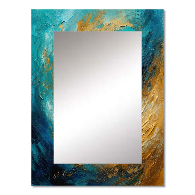 Golden Ocean Swirling Waves Painting III - Abstract Spirals Unique Mirror, Gold Large Wall Mirror, Printed Metal Art