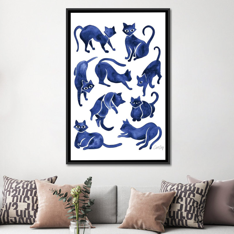 «Cat Positions, Navy» par Cat Coquillette - reproduction sur toile, H 60 po x l 40po x P 1,5 po, Toile avec cadre noir