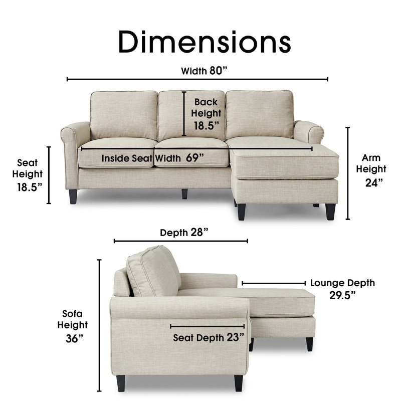 Serta Harmon Upholstered Reversible Sectional Sofa and Chaise, Ash Light Gray, Rolled Arms