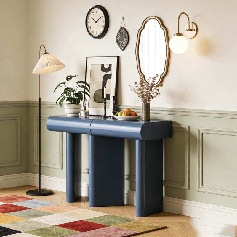 Modern Painted Entryway Table Curved Drawers Geometric Legs, Navy Blue