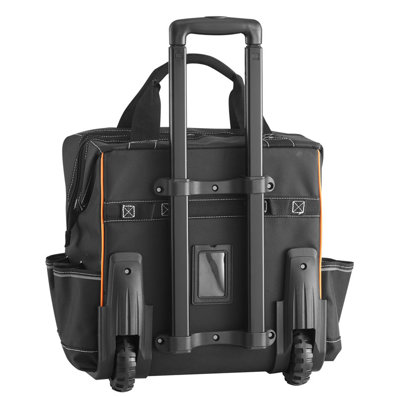 Sac à outils à roulettes, capacité de charge de 50 kg, 25 poches, sac à outils robuste à roulettes, poignée télescopique réglable et base stable, organisateur de sac à outils à roulettes pour la construction et la mécanique.