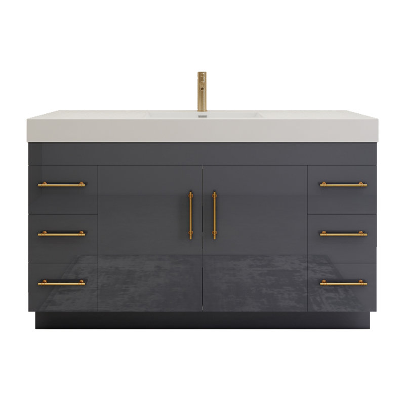 59" Single Bathroom Vanity Set with Drawers and Doors, Glossy Gray