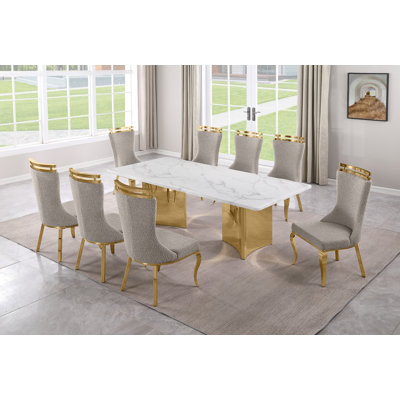 Ensemble de salle à manger en marbre blanc Grand avec chaises d'appoint en tissu Boucle