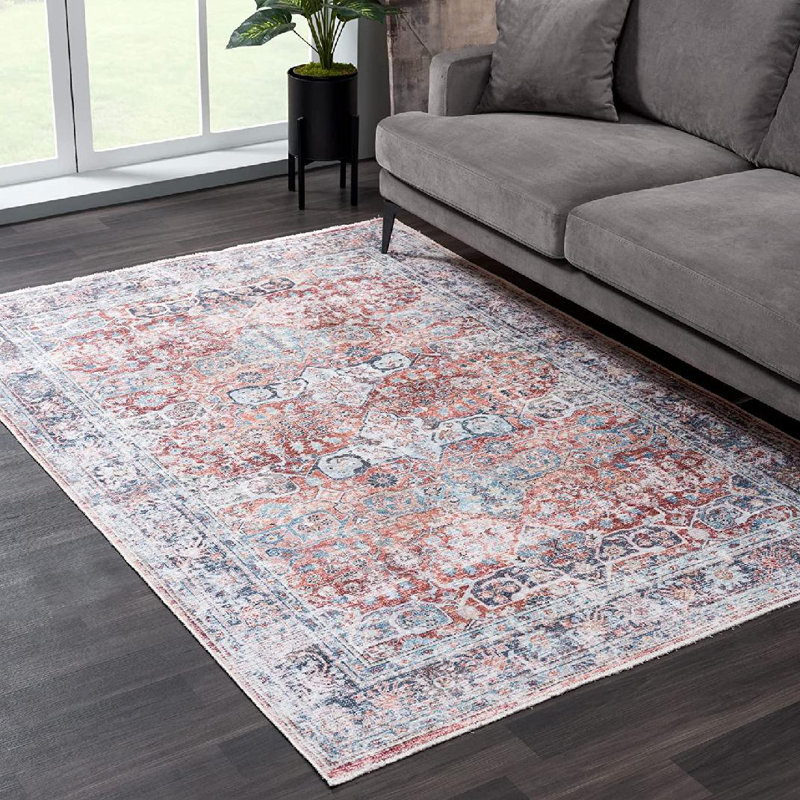 Washable Non-Slip Traditional Rug - Brick / Dark Blue Rug , Runner 2'6" x 7'