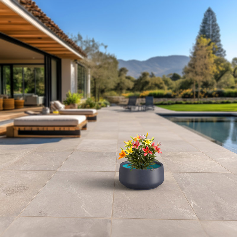 Pot à fleurs moyen rond en béton avec trous de drainage, H 10,04 po x l 17,13 po x P 17,13 po, Gris granite