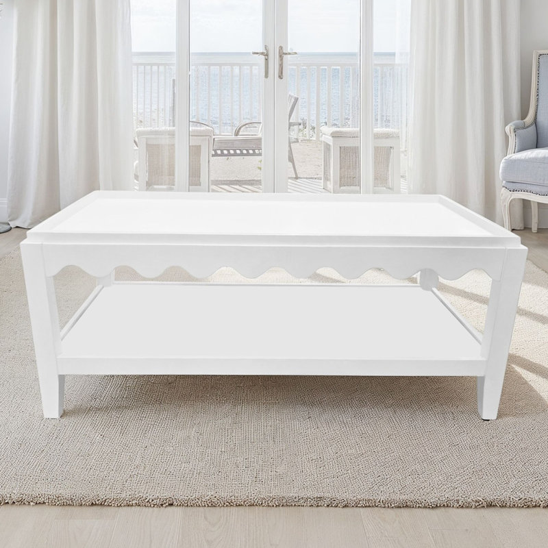 Elegant Beige 48" Two-Tier Mango Wood Coffee Table with Scalloped Edge, White