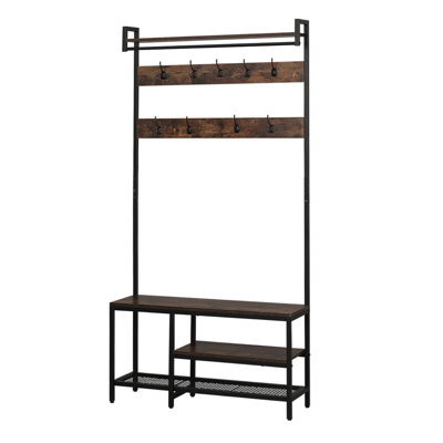Rustic Industrial Hall Tree, Freestanding Entryway Bench with Coat Rack, 8 Metal Hooks, Hanging Rod & Multi-Tier Shoe Shelves, 71 Inch Mudroom Storage Organizer for Small Apartment
