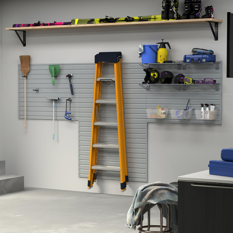Flow Wall 15 Piece Slatwall Panel, Shelf, Medium Bin & Hook Storage Set - Slatwall, Silver