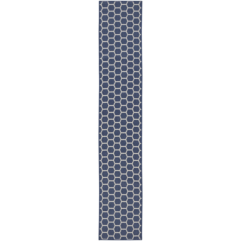 Kurmanbek Geometric Reversible Indoor / Outdoor Area Rug in Navy, Runner 2'2" x 12'