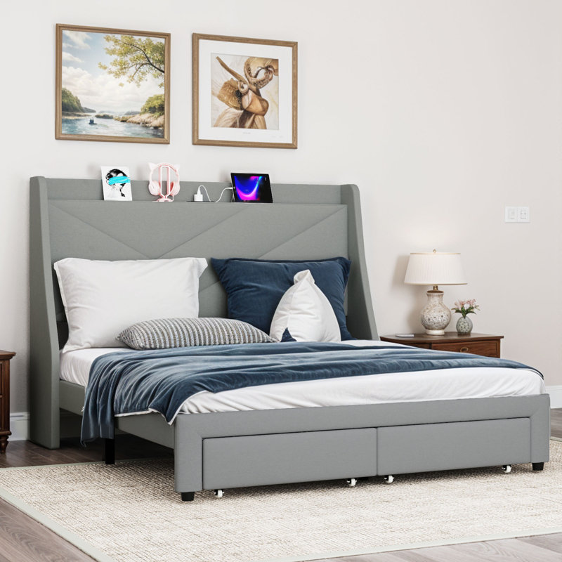 Genevi Storage Upholstered Bed with Built In USB Port, Grey