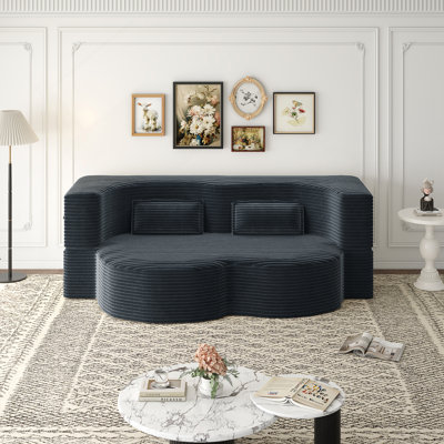 Boneless Modern Floor Sofa With 2 Pillows, Convertible Plush Corduroy Foam-Filled Sleeper Sofa Bed, 15/