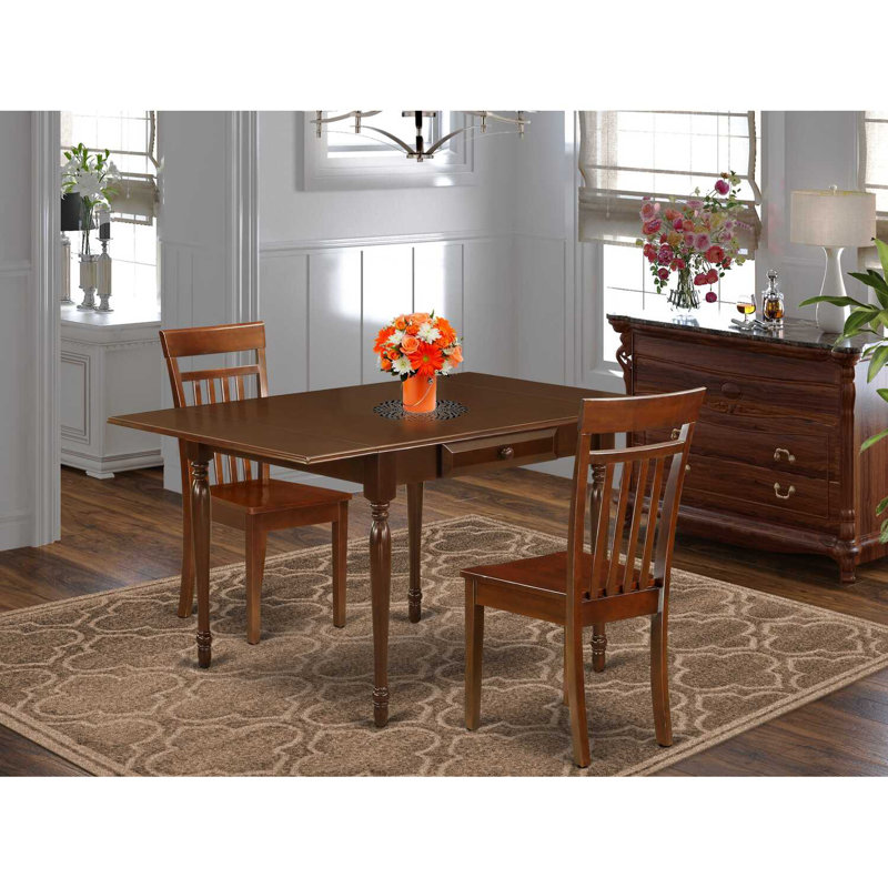 3 Piece Dining Table Set for Small Spaces Contains a Rectangle Dining Table with Dropleaf and 2 Wood Seat Chairs, Mahogany